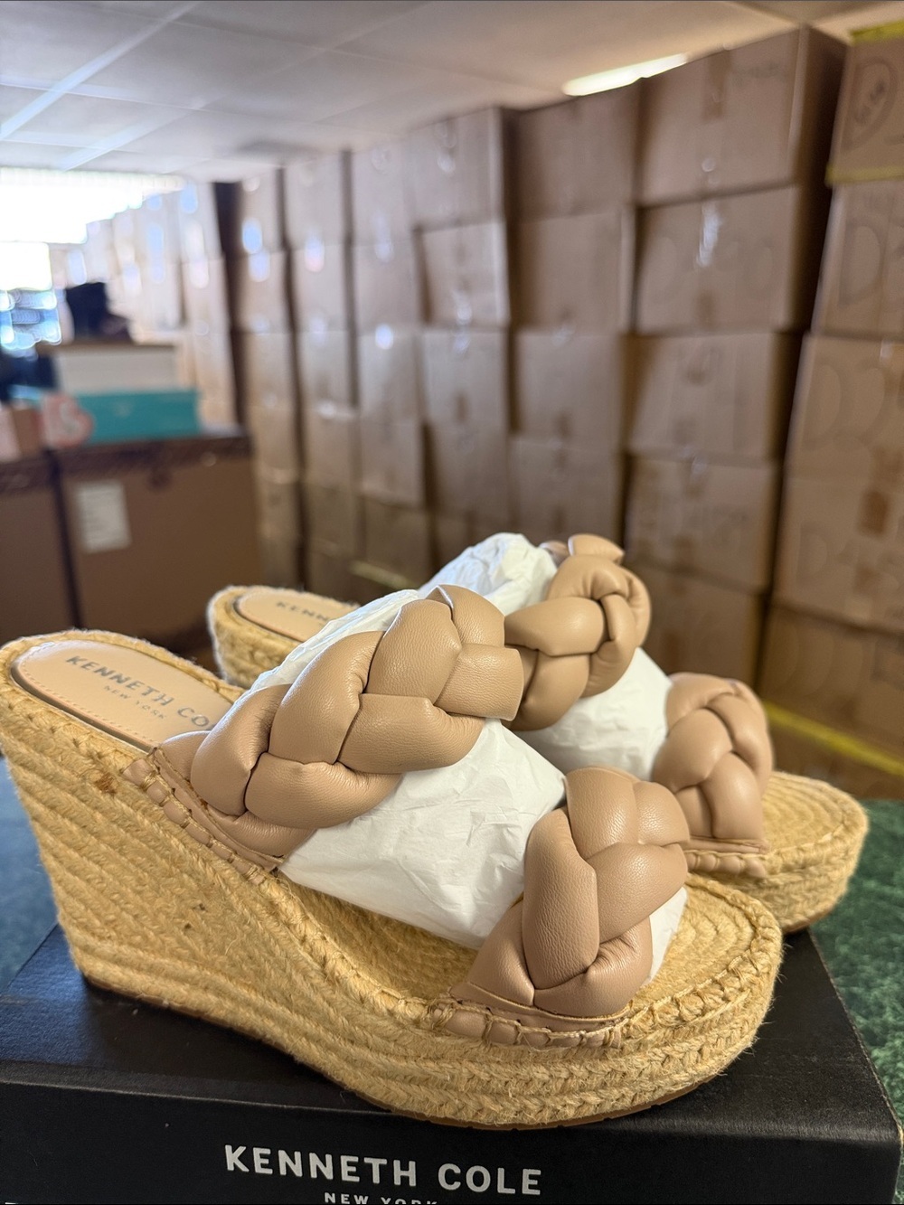 Kenneth Cole Braided Tan Espadrille Wedge Slides